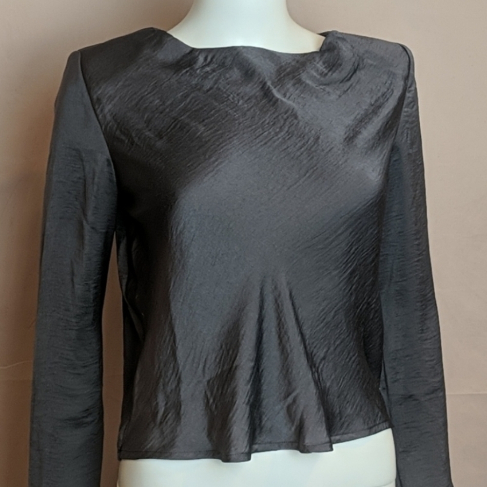 ASOS Shiny Gray Keyhole Back Long Sleeve Blouse with Shoulder Pads size 2